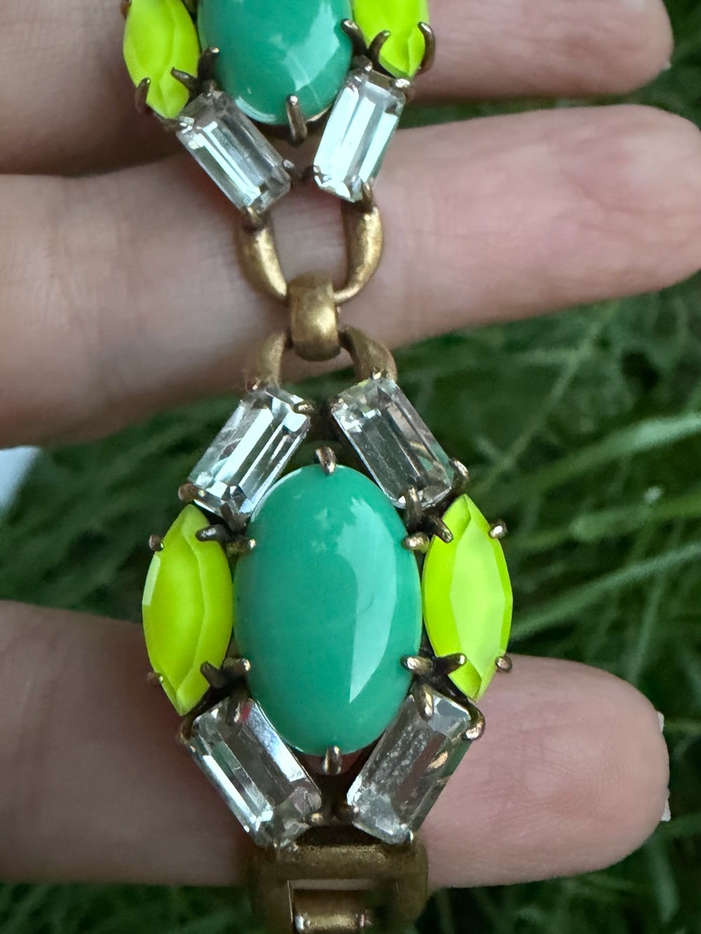 Stella & Dot Vintage Brass Green Cabochon Crystal Art Deco Link Bracelet